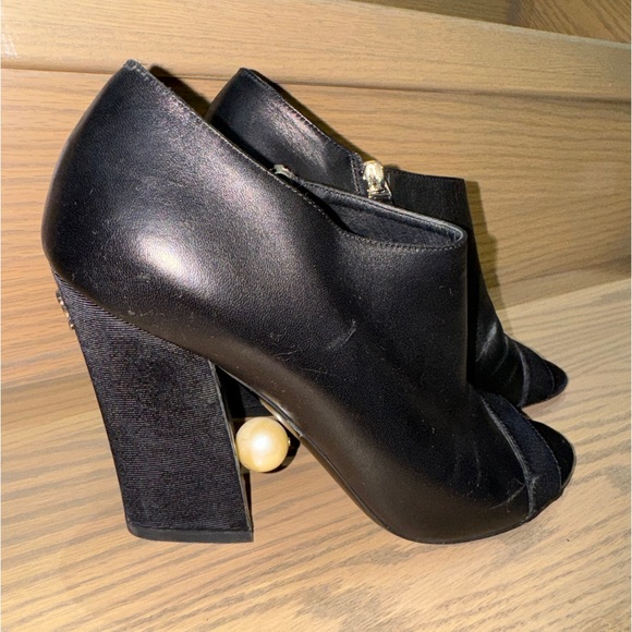 CHANEL Black Peep Toe Lambskin Ankle Boot with Faux Pearl - Picture 2 of 7